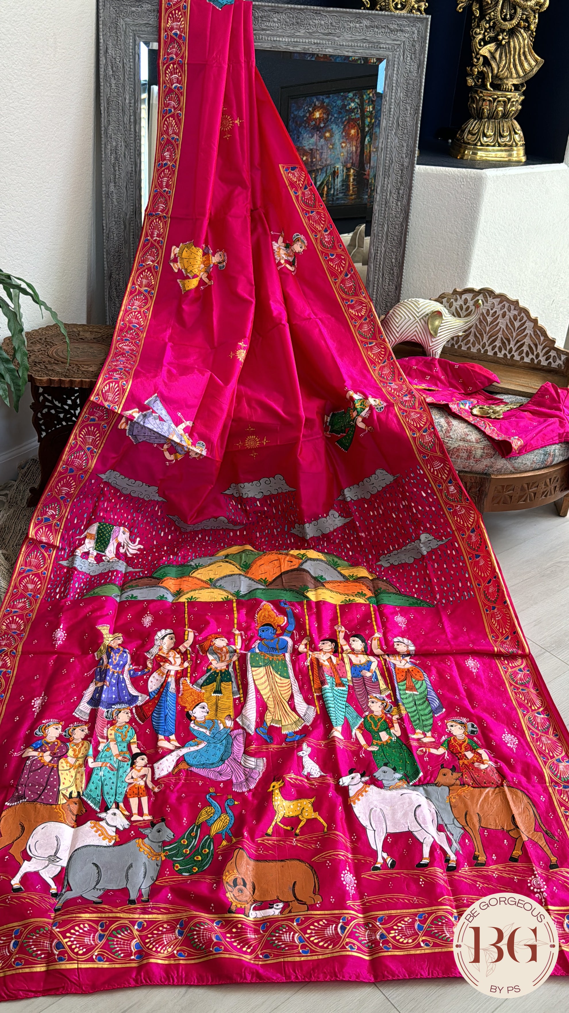 Pattachitra Gobardhan theme hand painted saree on pure bangalore silk - Rani Red color