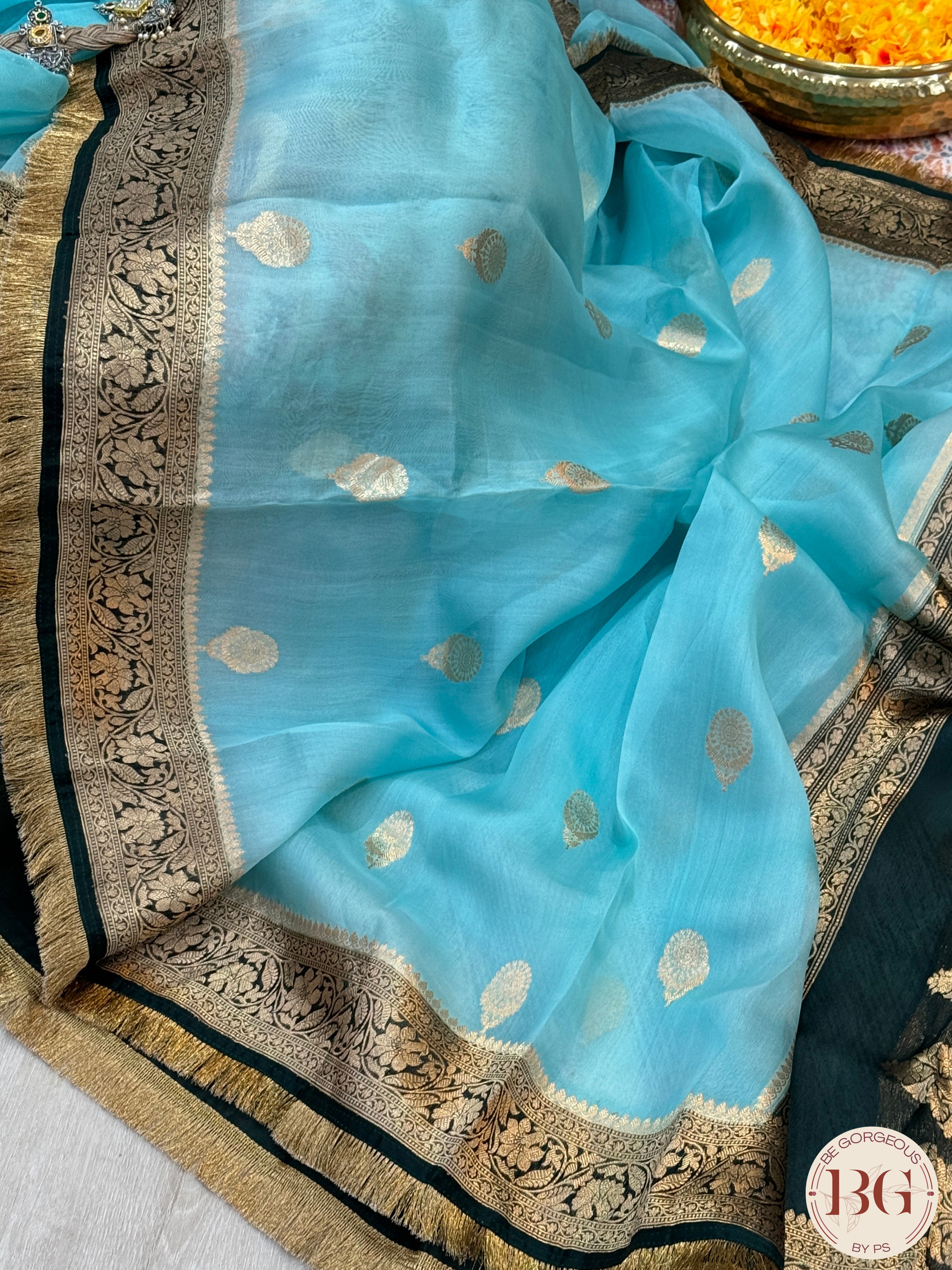 Banarasi Kora Organza silk mark certified saree with lace - Light Blue