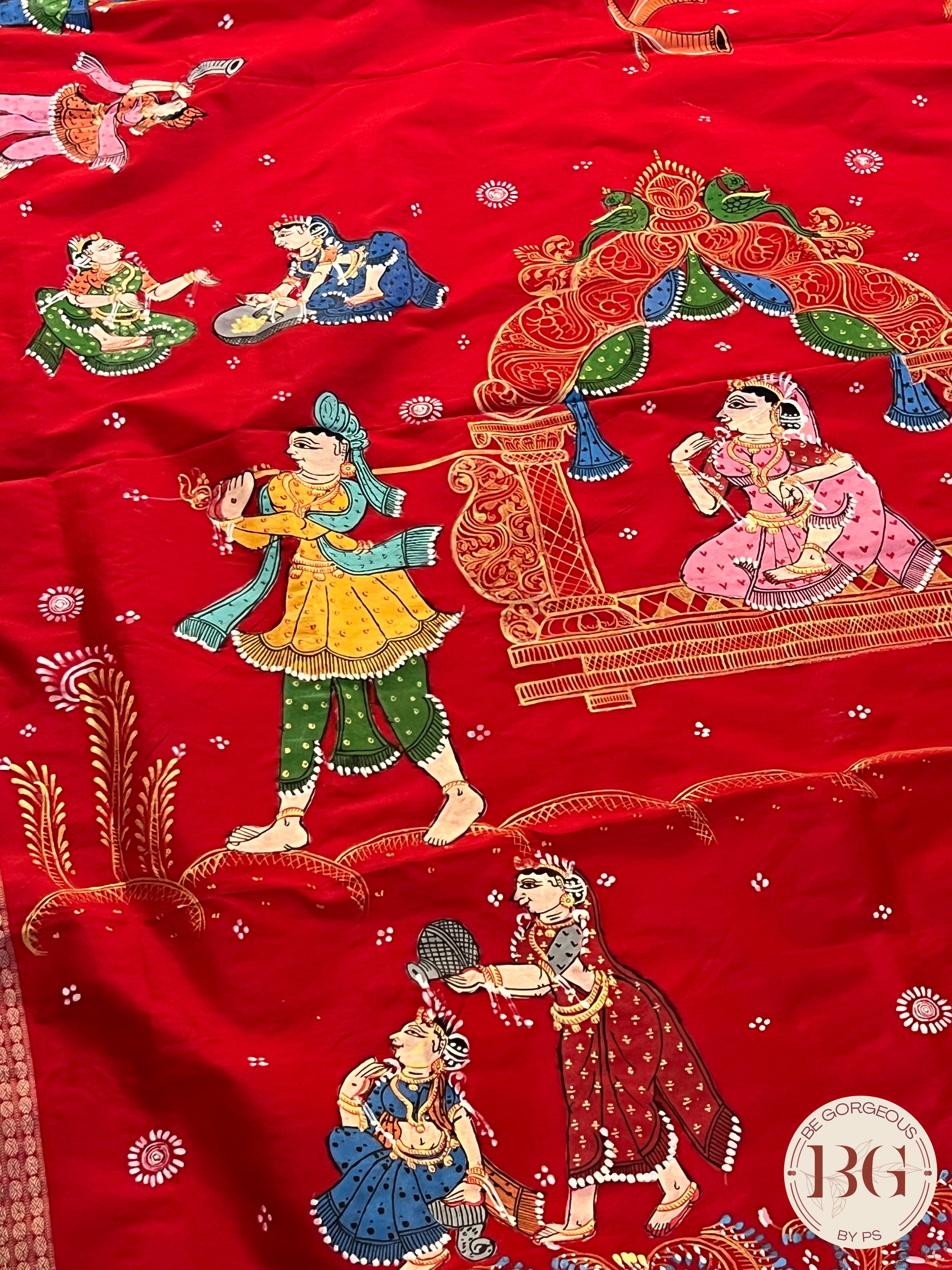 Pattachitra on bomkai silk with doli theme - red