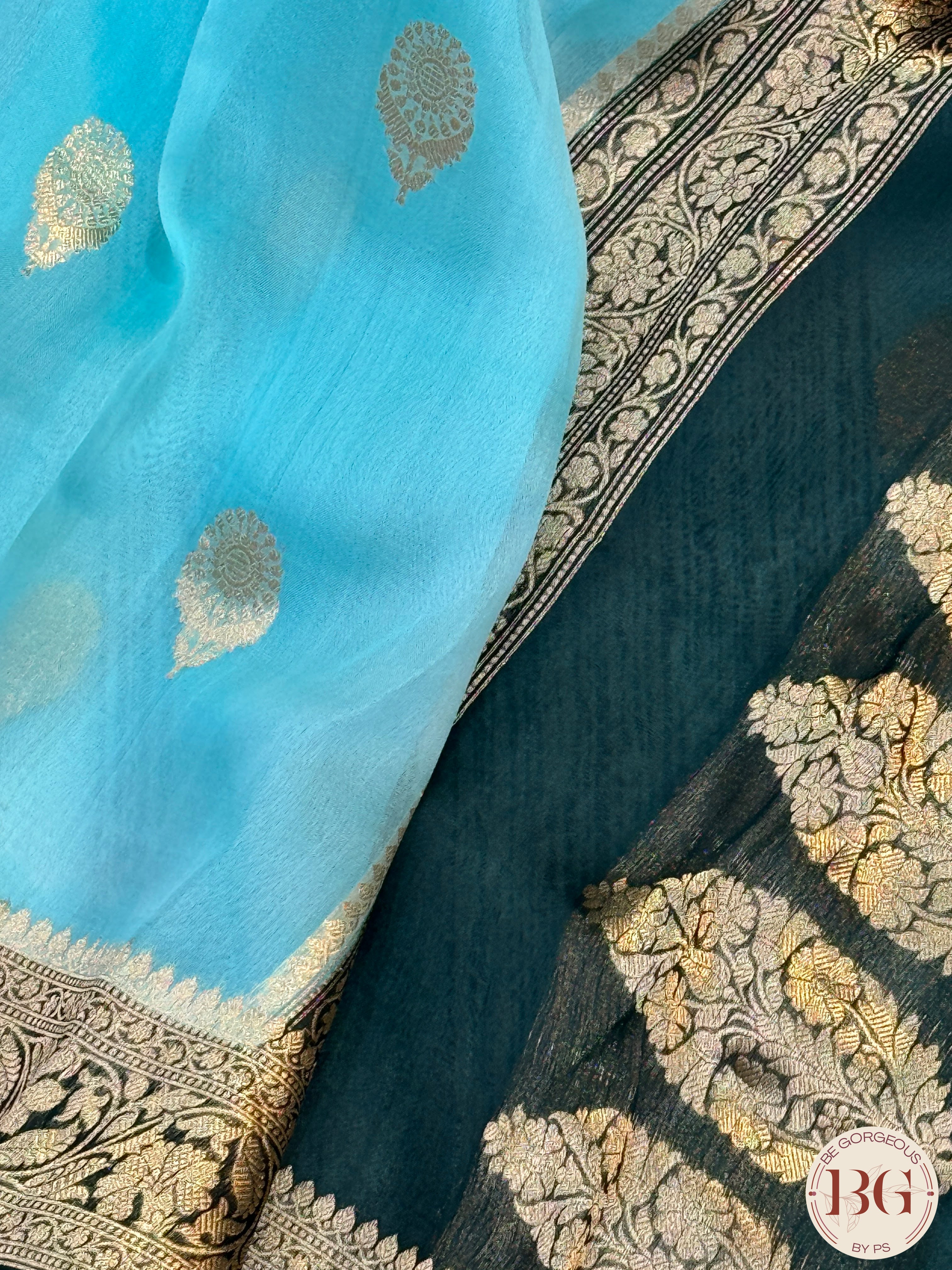 Banarasi Kora Organza silk mark certified saree with lace - Light Blue