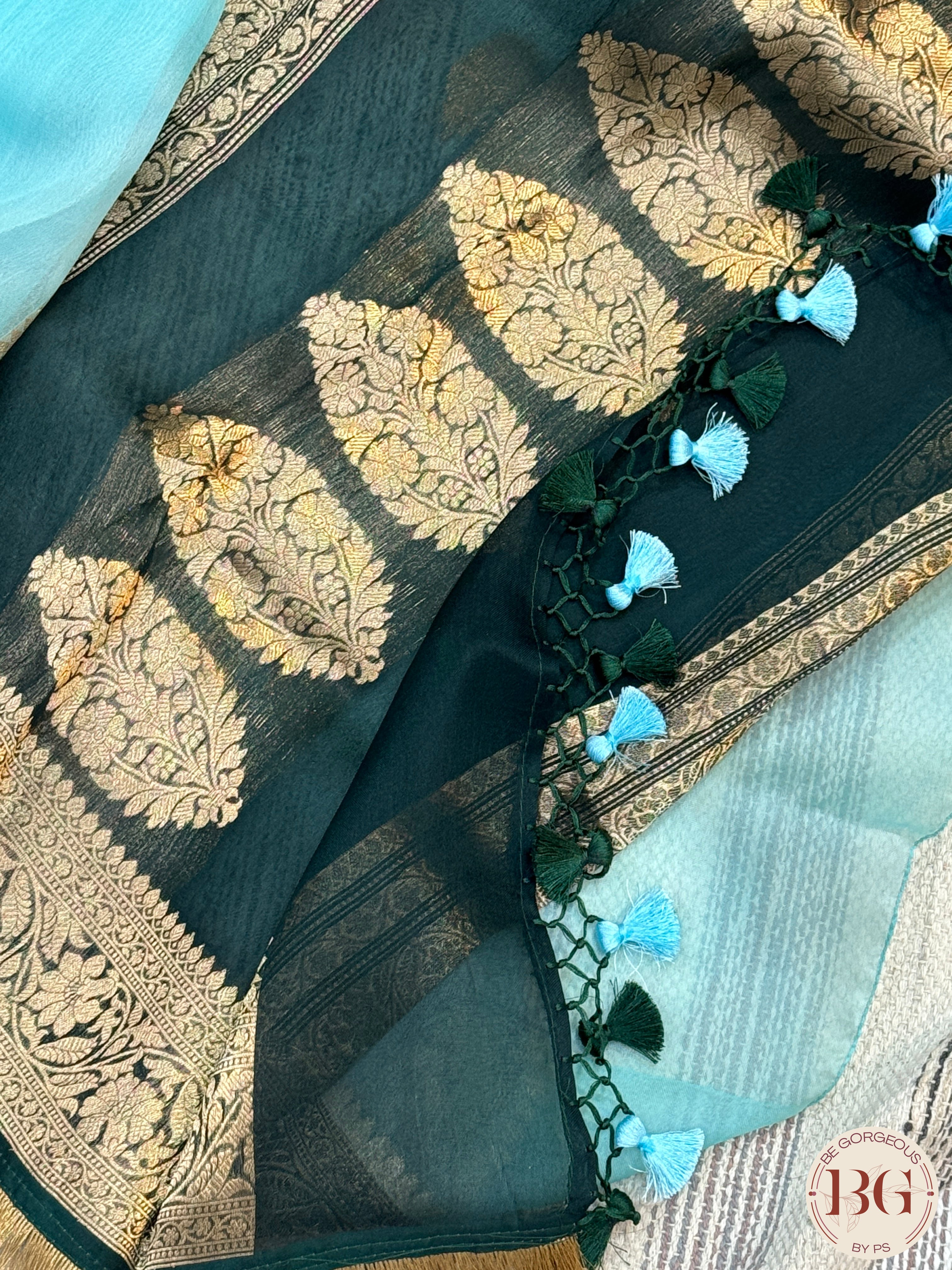 Banarasi Kora Organza silk mark certified saree with lace - Light Blue