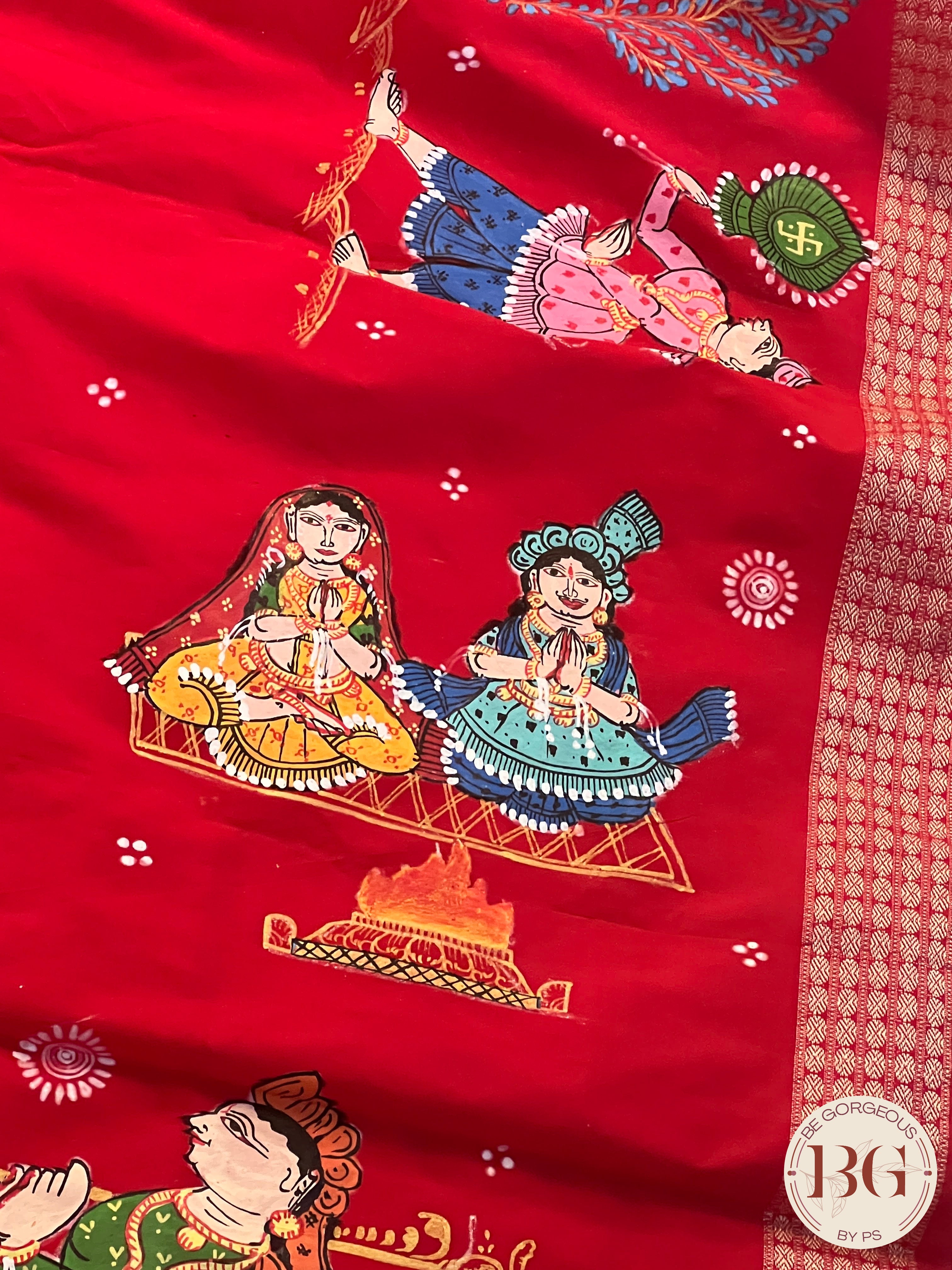 Pattachitra on bomkai silk with doli theme - red