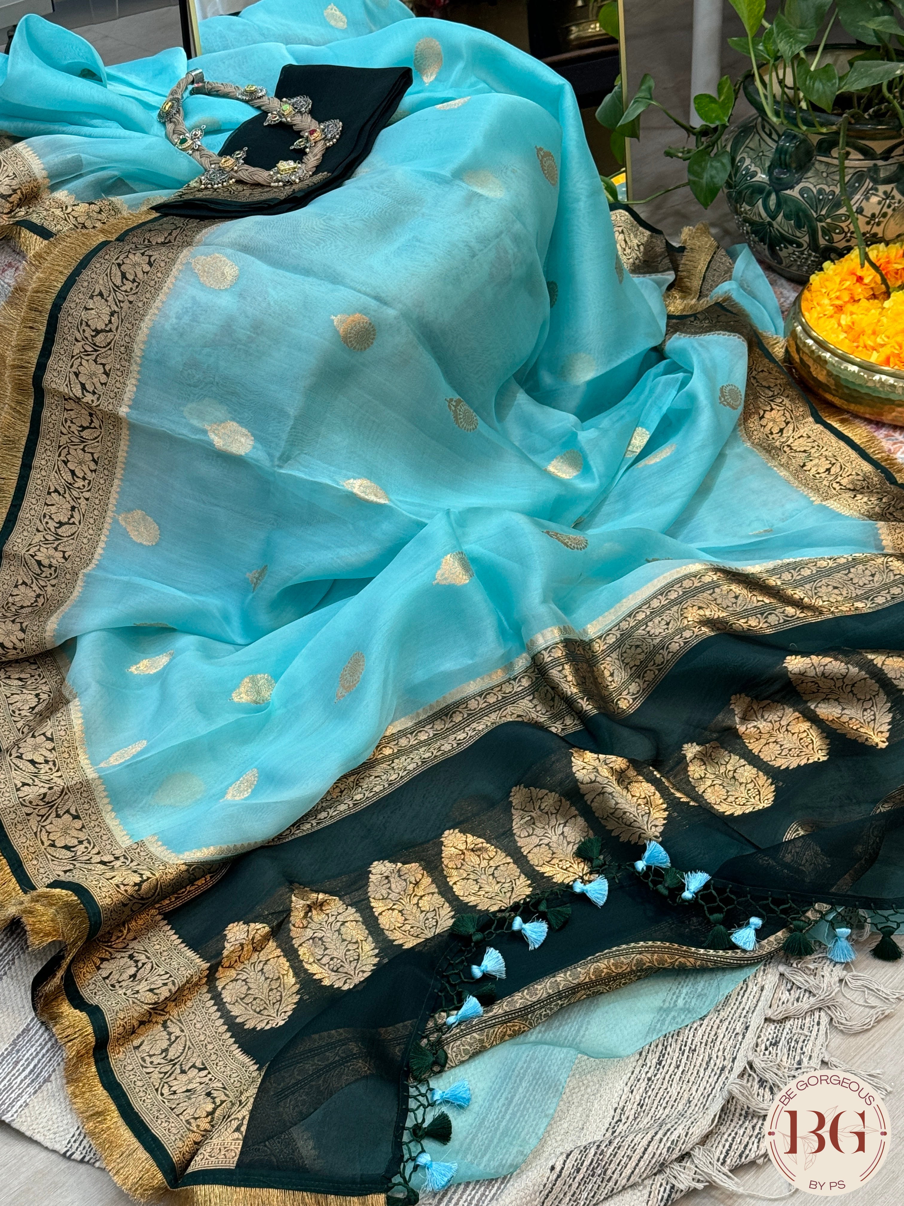 Banarasi Kora Organza silk mark certified saree with lace - Light Blue