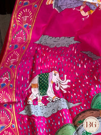 Pattachitra Gobardhan theme hand painted saree on pure bangalore silk - Rani Red color