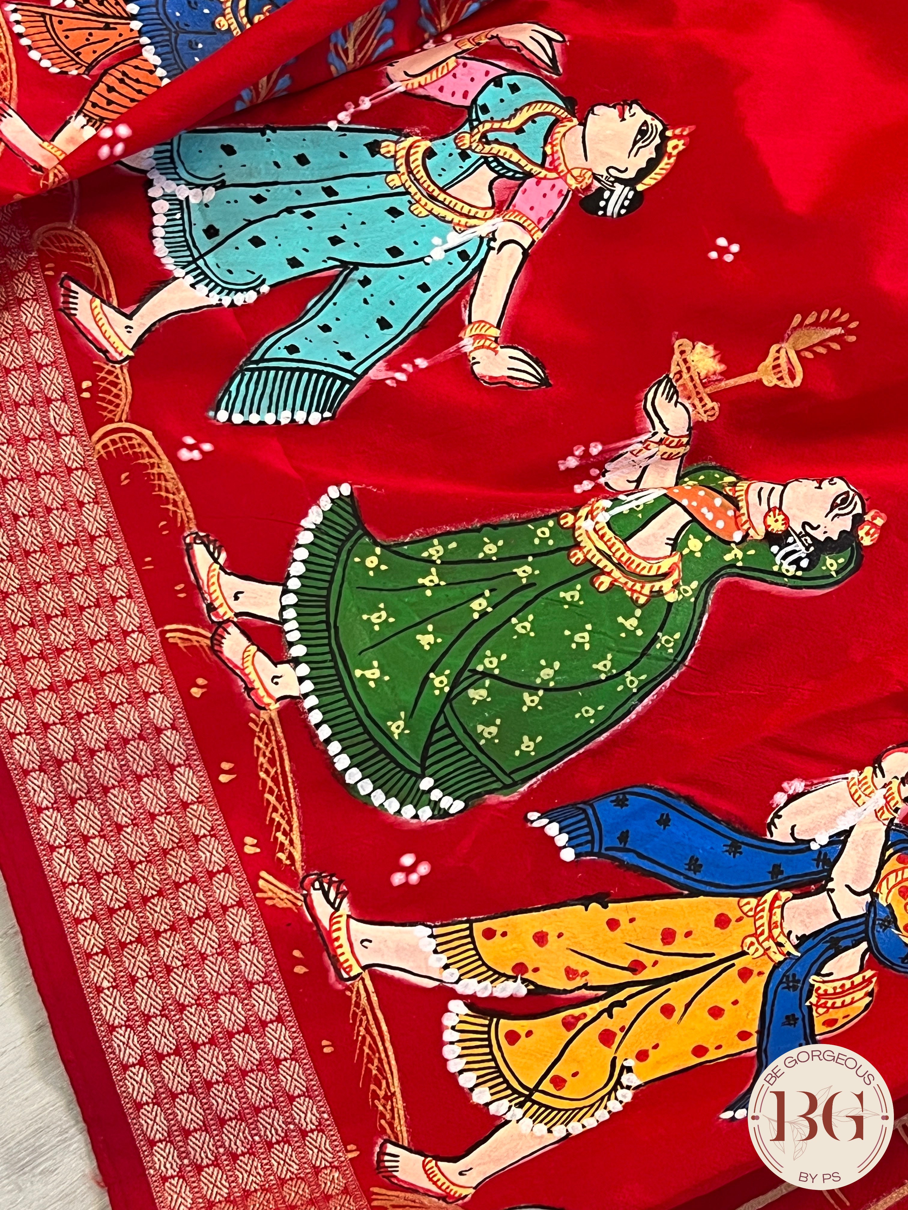 Pattachitra on bomkai silk with doli theme - red