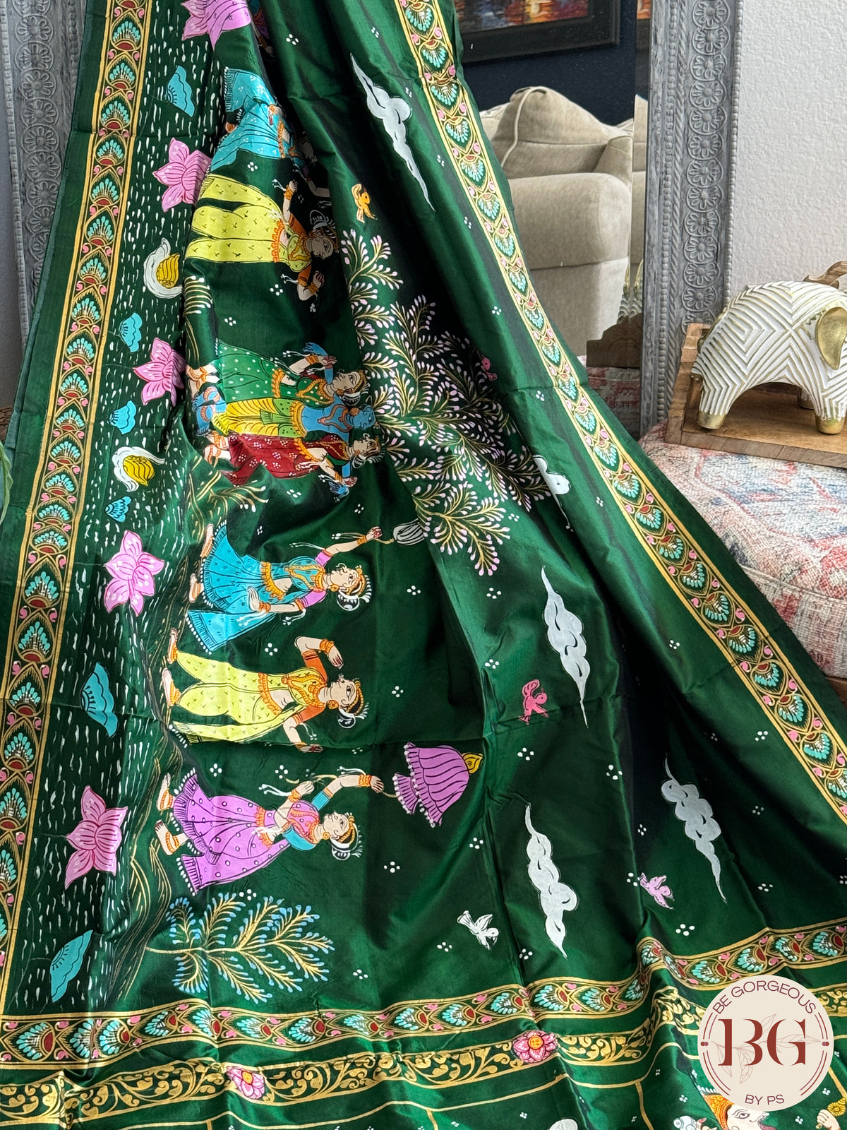 Pattachitra Dashavtar hand painted saree on pure bangalore silk - bottle green color