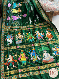 Pattachitra Dashavtar hand painted saree on pure bangalore silk - bottle green color