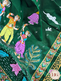 Pattachitra Dashavtar hand painted saree on pure bangalore silk - bottle green color