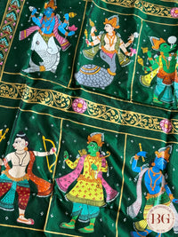 Pattachitra Dashavtar hand painted saree on pure bangalore silk - bottle green color