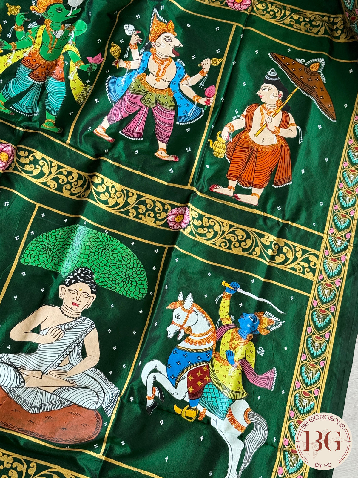 Pattachitra Dashavtar hand painted saree on pure bangalore silk - bottle green color