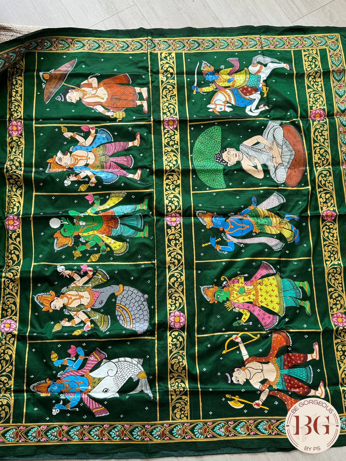 Pattachitra Dashavtar hand painted saree on pure bangalore silk - bottle green color