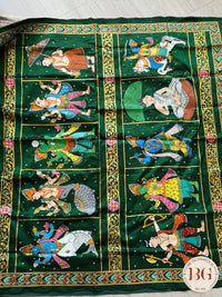 Pattachitra Dashavtar hand painted saree on pure bangalore silk - bottle green color