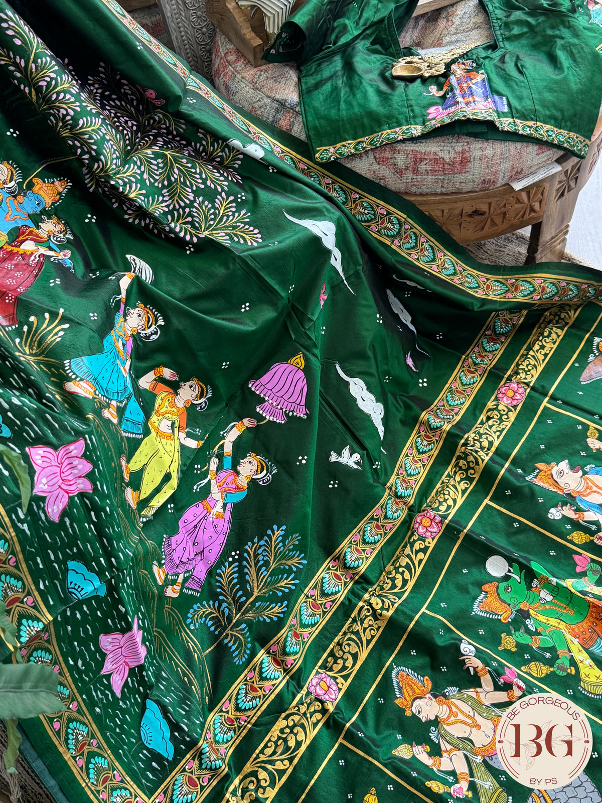 Pattachitra Dashavtar hand painted saree on pure bangalore silk - bottle green color