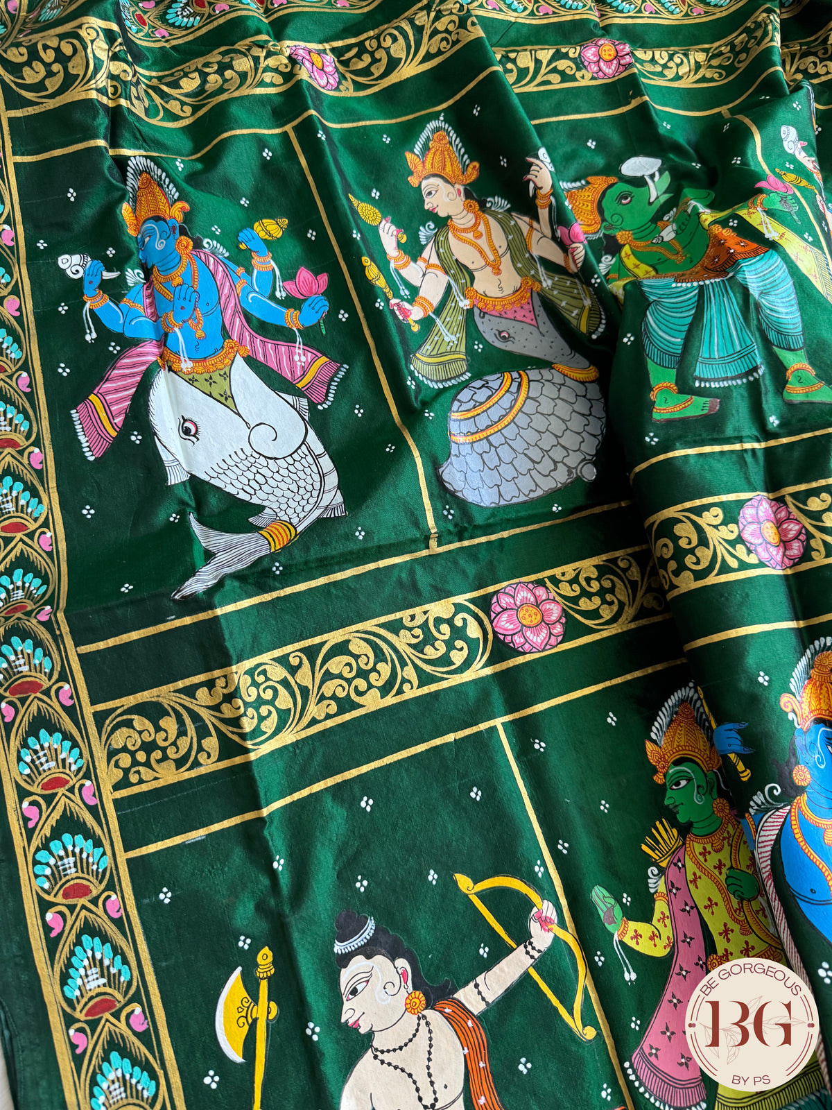 Pattachitra Dashavtar hand painted saree on pure bangalore silk - bottle green color