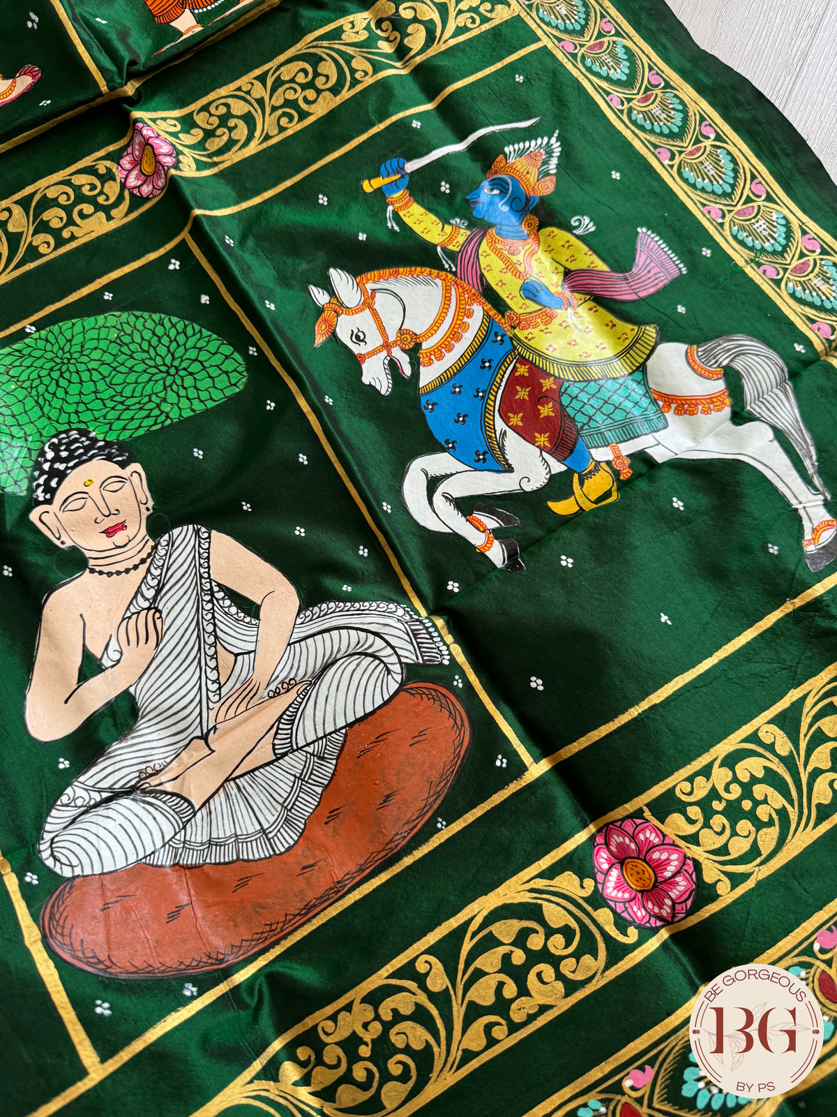 Pattachitra Dashavtar hand painted saree on pure bangalore silk - bottle green color