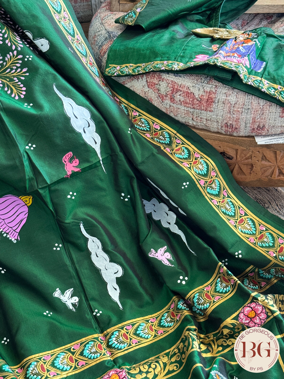 Pattachitra Dashavtar hand painted saree on pure bangalore silk - bottle green color