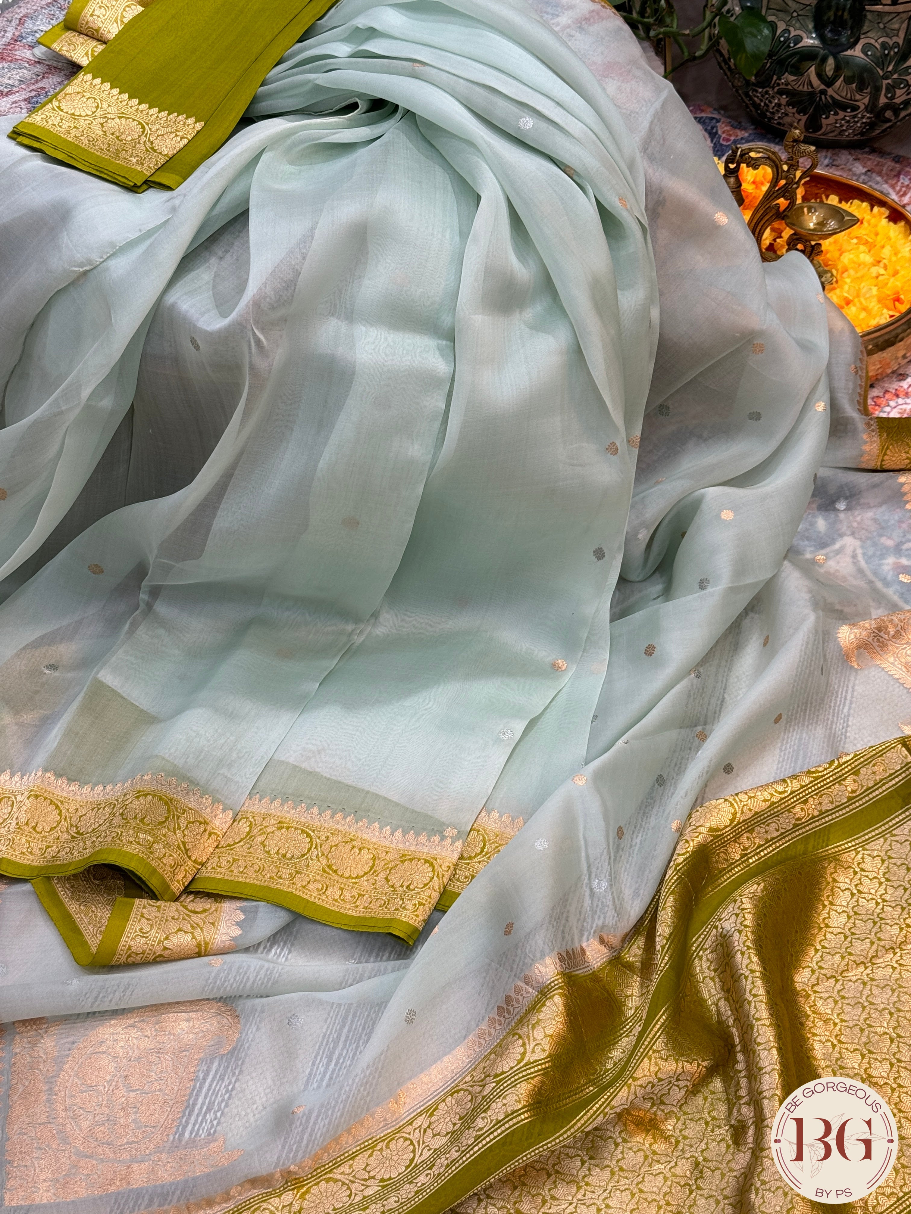 Banarasi Kora Organza silk mark certified saree with lace - Green Blue