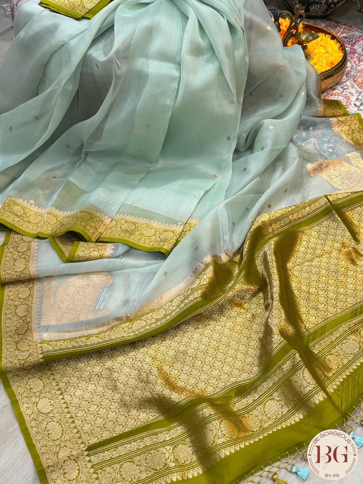 Banarasi Kora Organza silk mark certified saree with lace - Green Blue