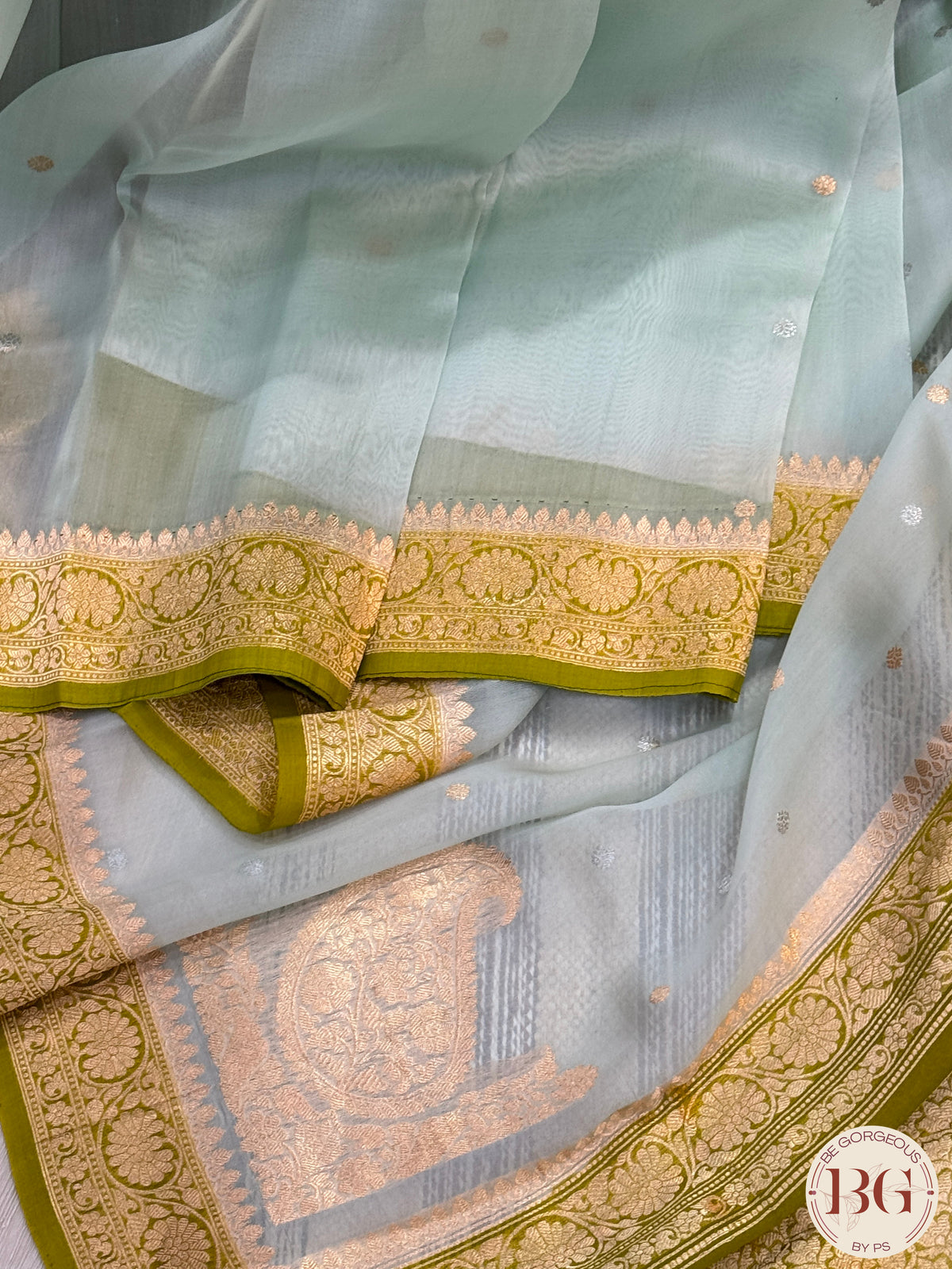 Banarasi Kora Organza silk mark certified saree with lace - Green Blue