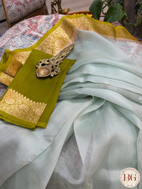 Banarasi Kora Organza silk mark certified saree with lace - Green Blue