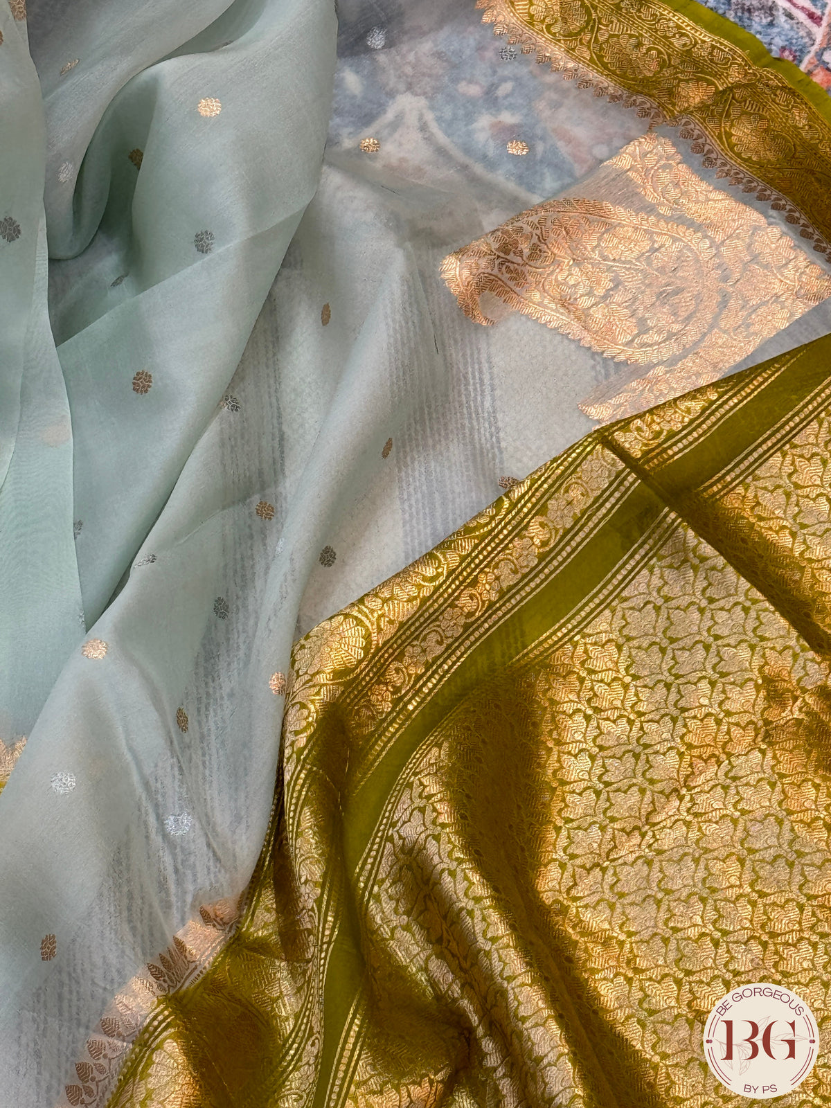 Banarasi Kora Organza silk mark certified saree with lace - Green Blue