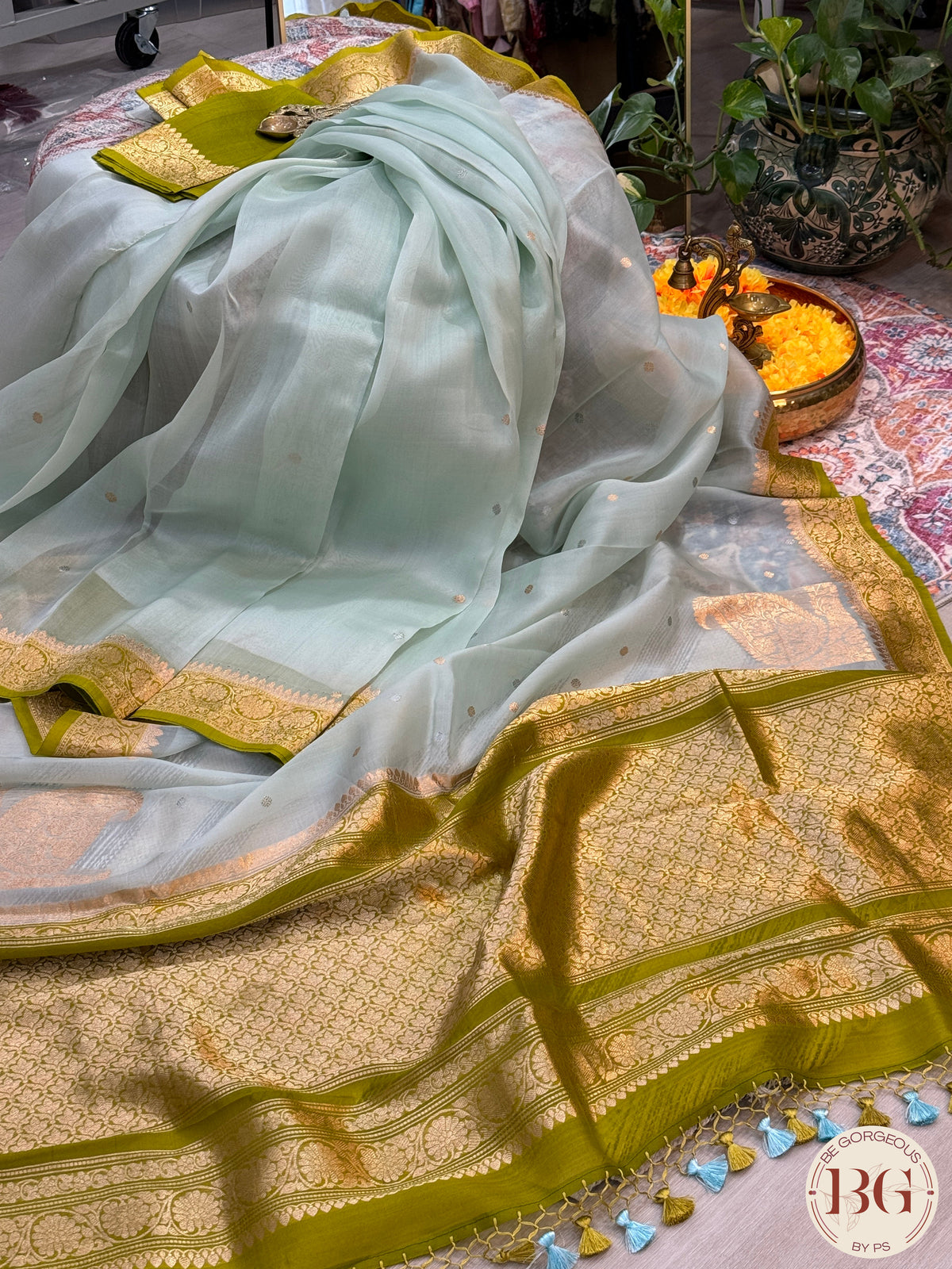 Banarasi Kora Organza silk mark certified saree with lace - Green Blue