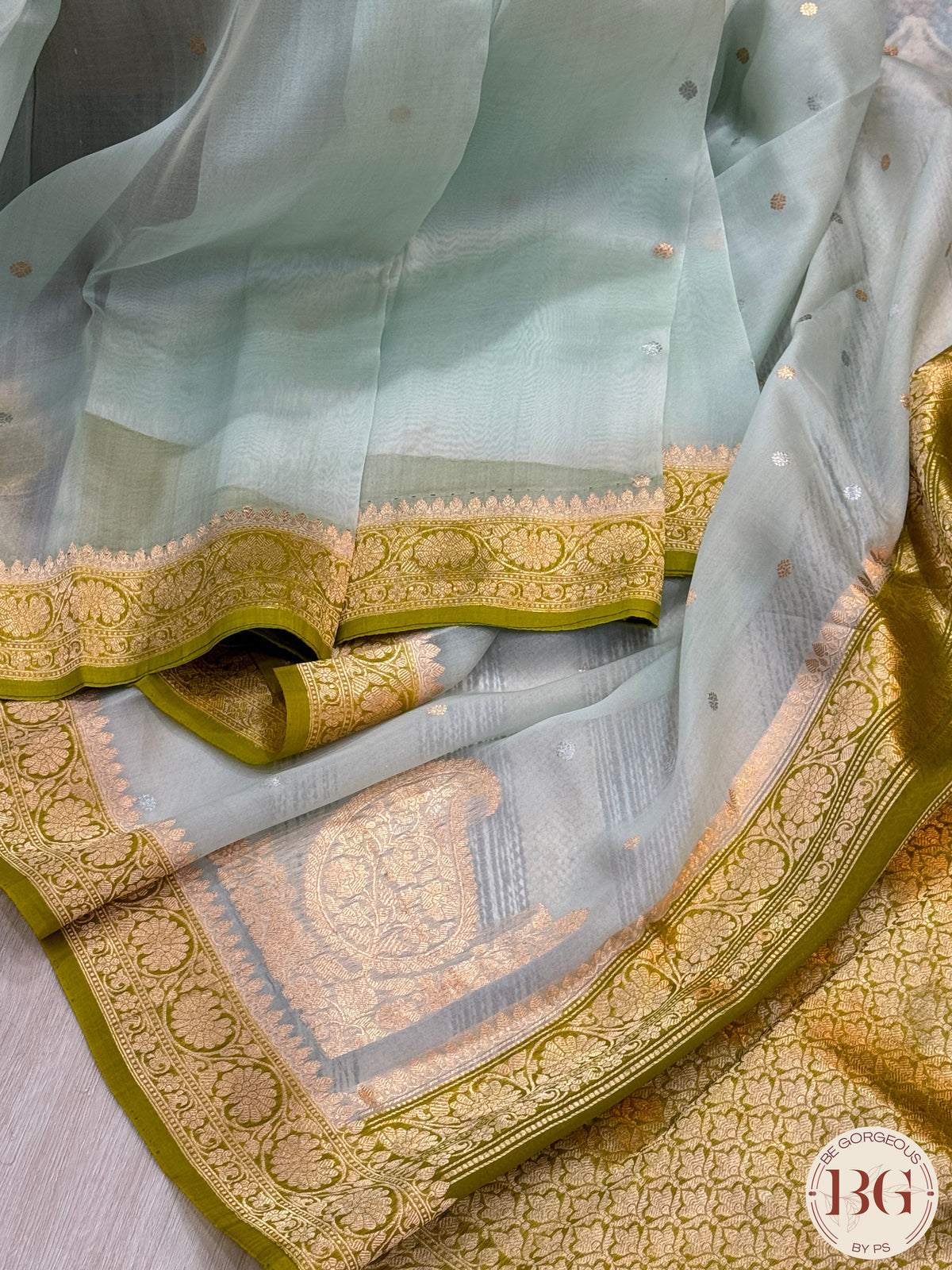 Banarasi Kora Organza silk mark certified saree with lace - Green Blue