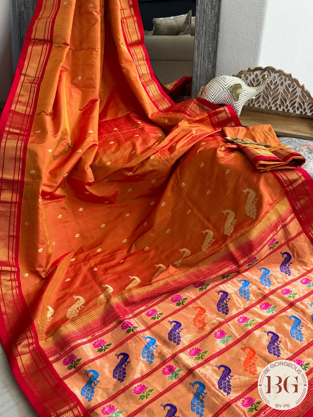 Paithani pure silk handloom shoulder peacock - Mustard Orange