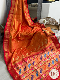 Paithani pure silk handloom shoulder peacock - Mustard Orange