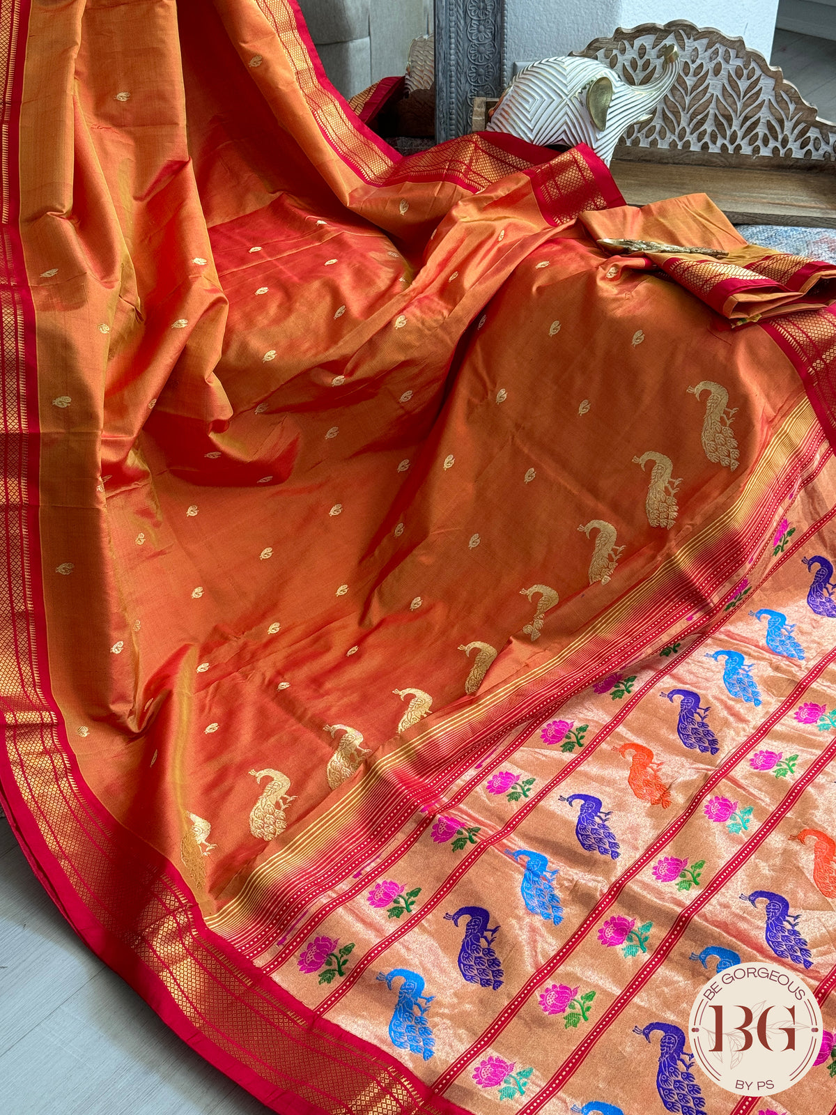 Paithani pure silk handloom shoulder peacock - Mustard Orange