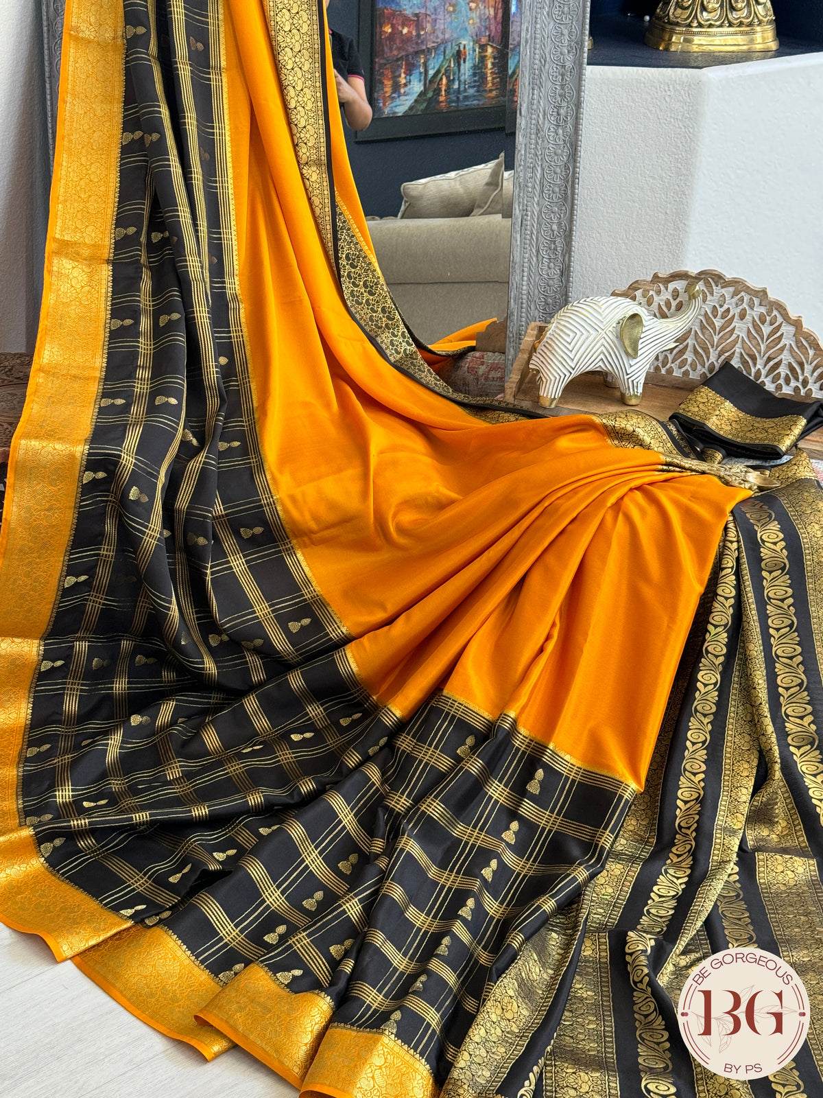 Mysore Pure Silk Handloom Saree - Yellow Black