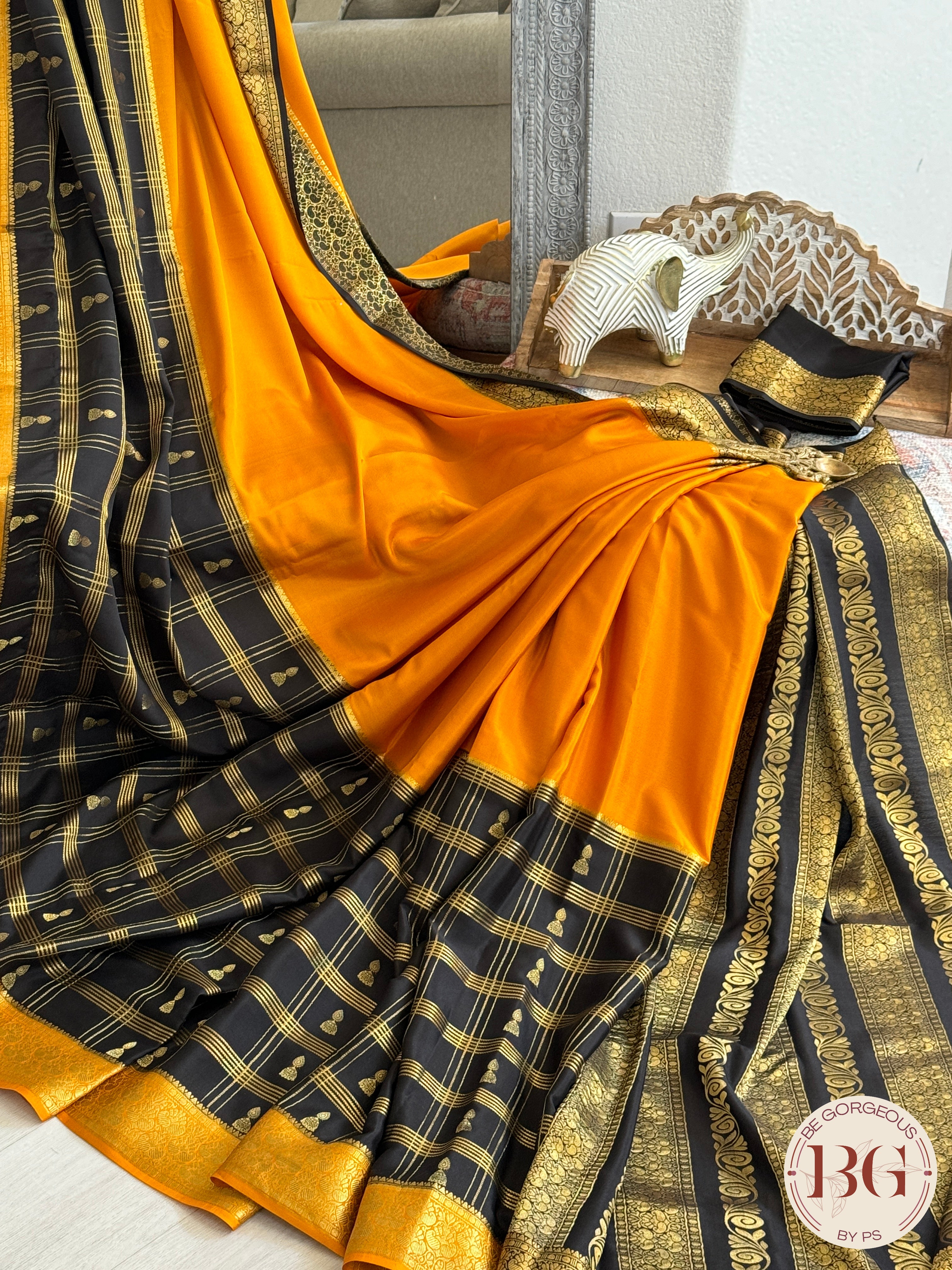 Mysore Pure Silk Handloom Saree - Yellow Black