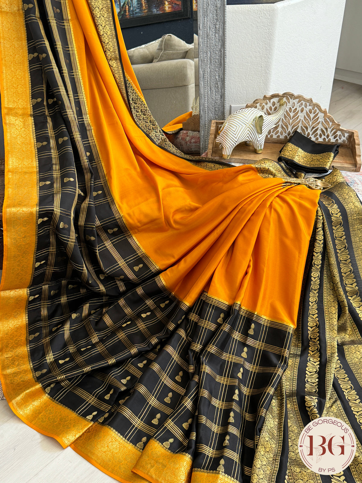 Mysore Pure Silk Handloom Saree - Yellow Black