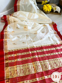 Pure Garad Silk Ambiya design saree color - white red