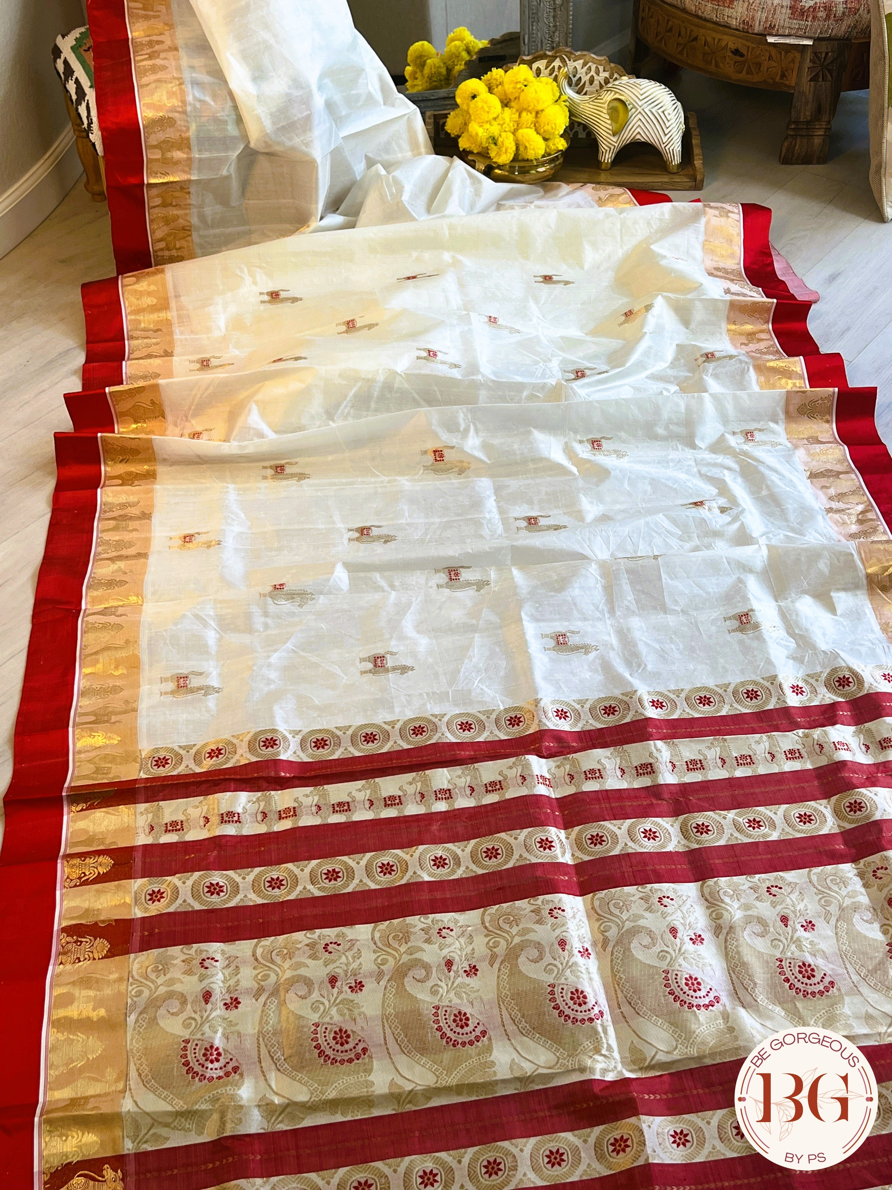 Pure Garad Silk horse design saree color - white red