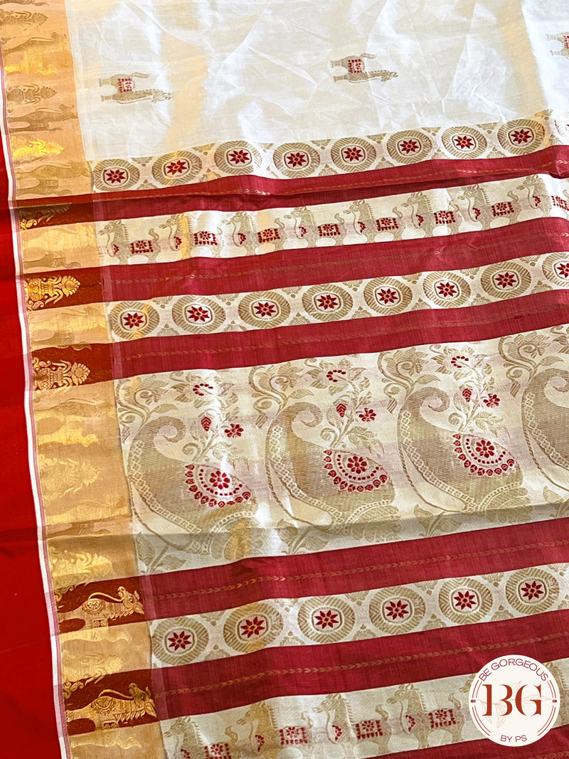 Pure Garad Silk horse design saree color - white red