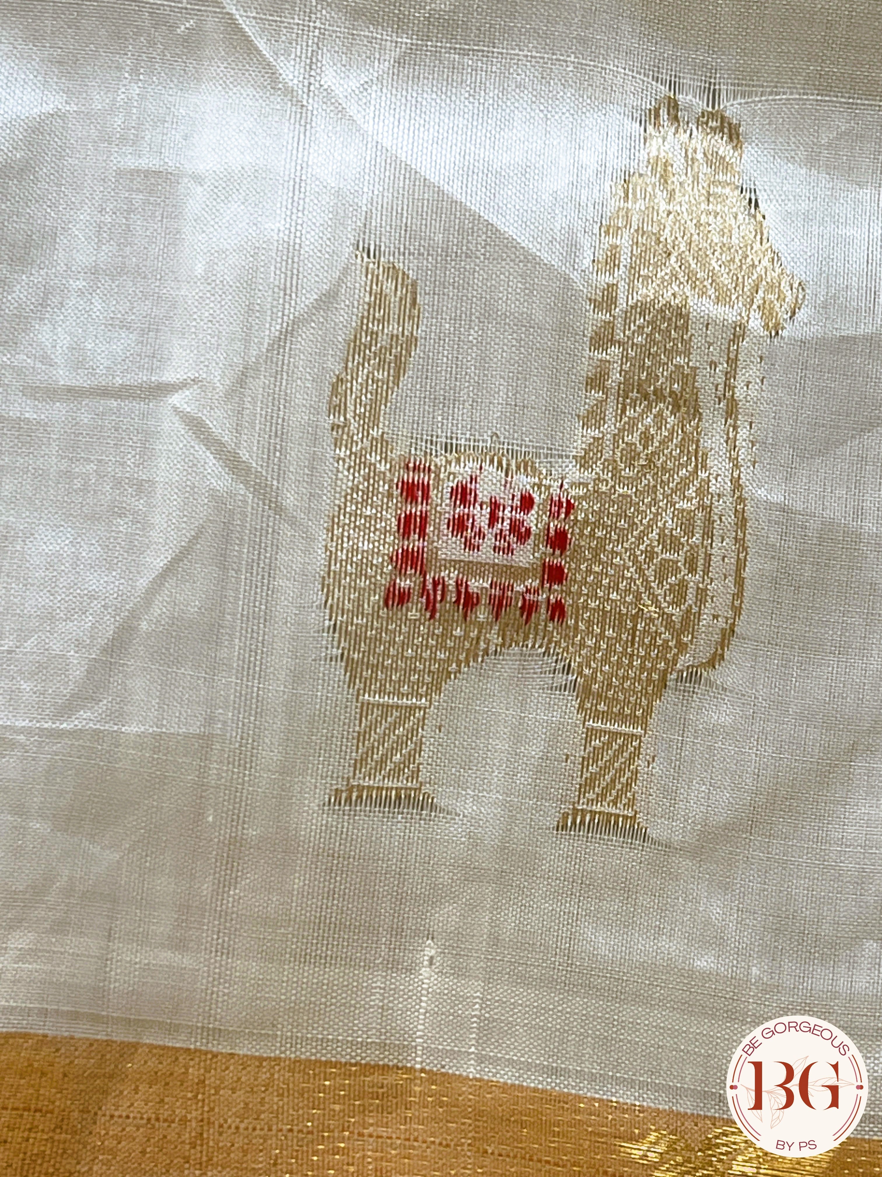 Pure Garad Silk horse design saree color - white red