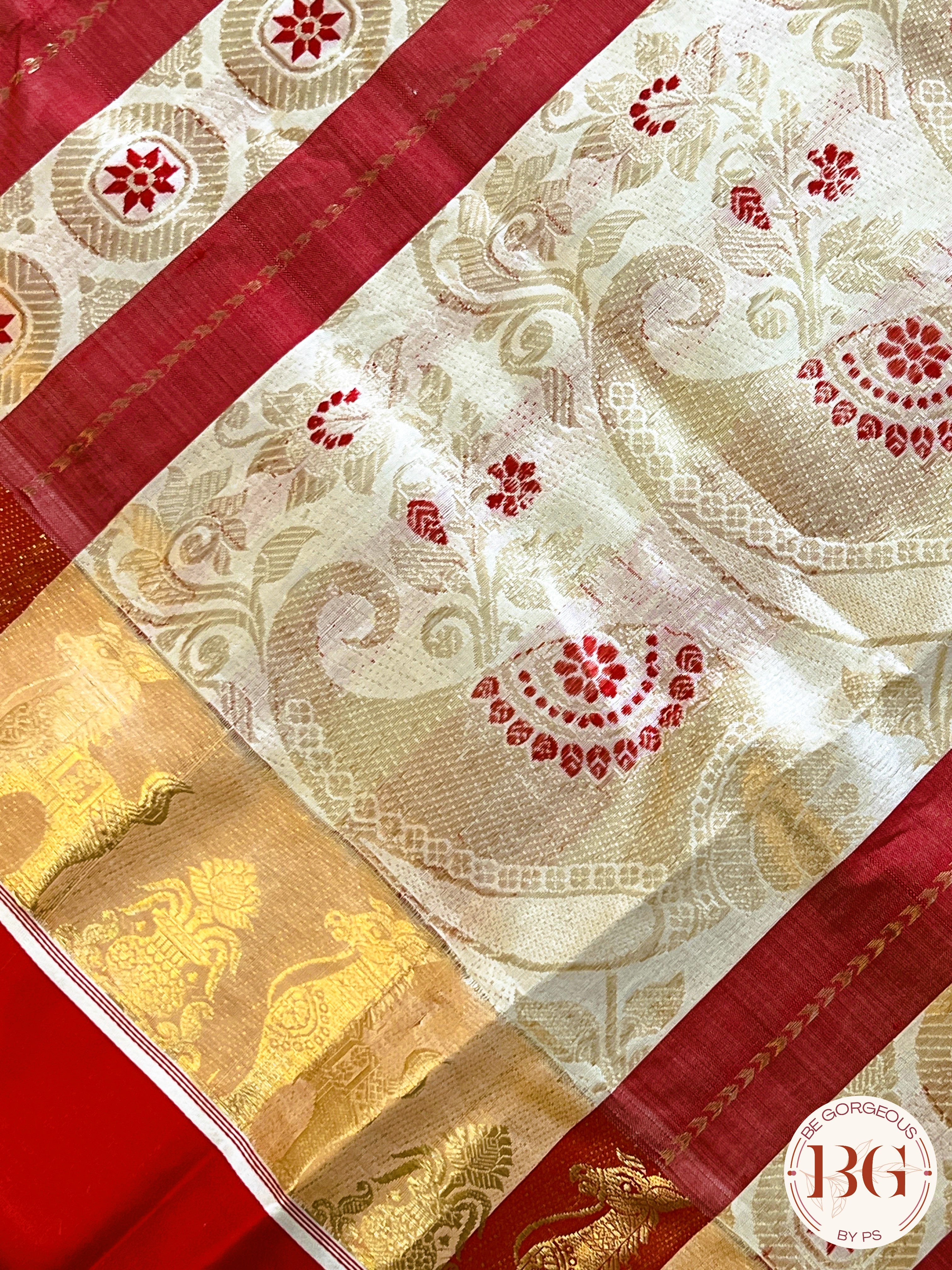 Pure Garad Silk horse design saree color - white red