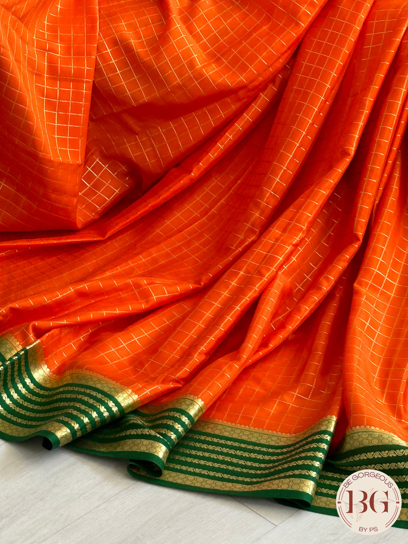 Mysore Pure Silk Handloom Saree - Orange Green