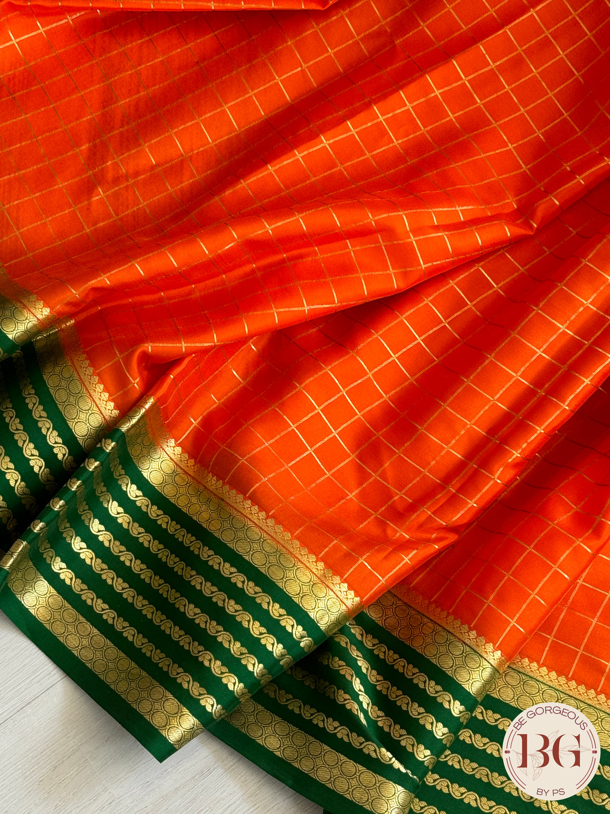 Mysore Pure Silk Handloom Saree - Orange Green