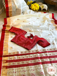 Pure Garad Silk horse design saree color - white red