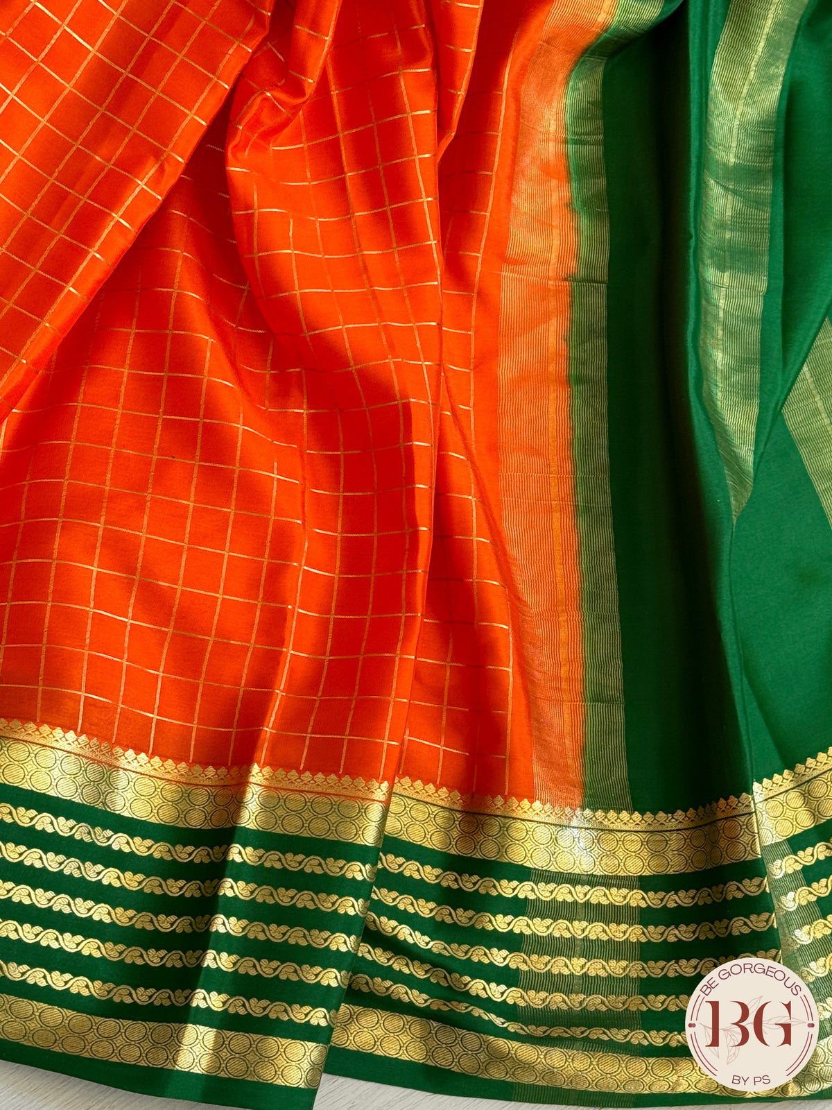 Mysore Pure Silk Handloom Saree - Orange Green