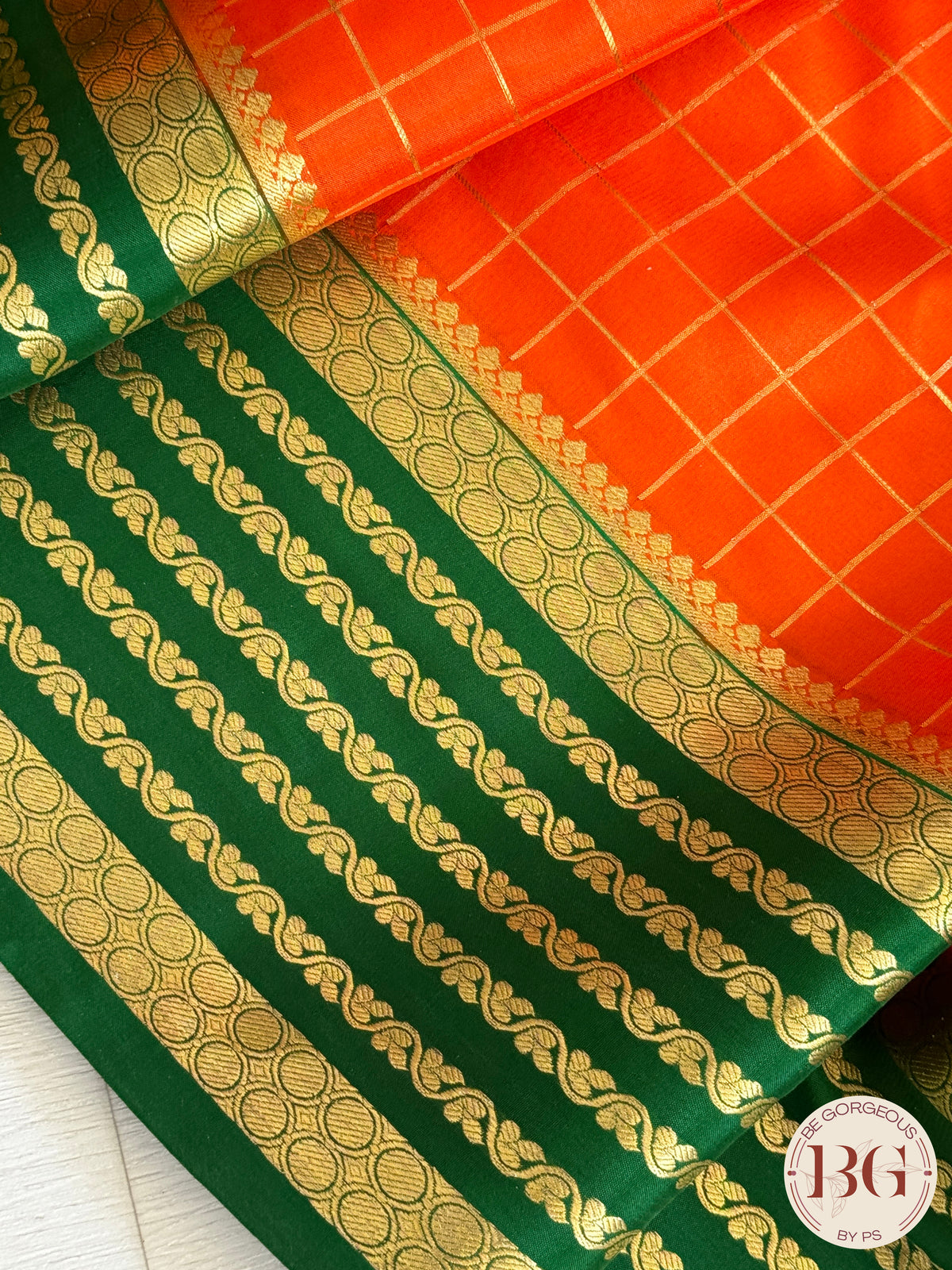 Mysore Pure Silk Handloom Saree - Orange Green