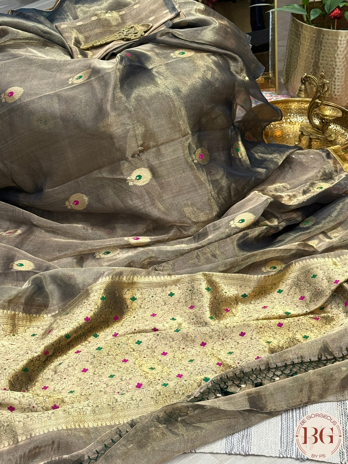 Banarasi Tissue silk mark certified saree with lace - Bottle green copper