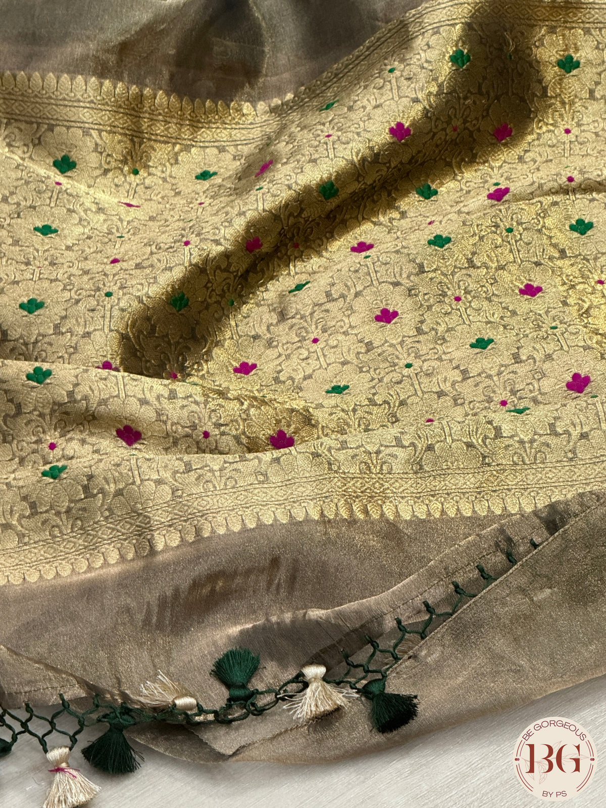 Banarasi Tissue silk mark certified saree with lace - Bottle green copper