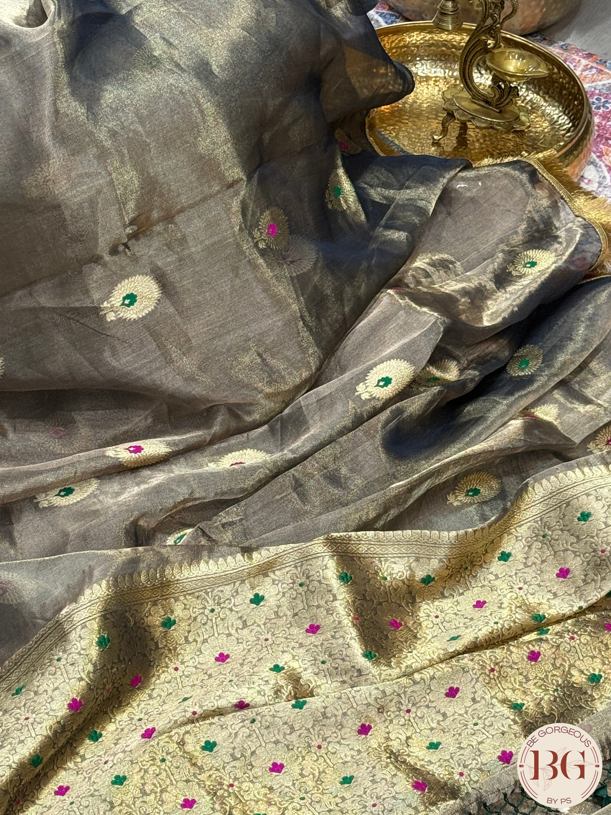 Banarasi Tissue silk mark certified saree with lace - Bottle green copper