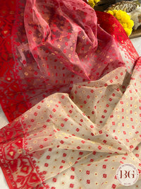 Cotton Jamdani small flowers saree color - beige red