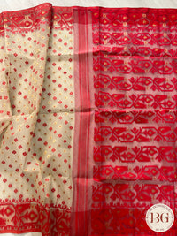 Cotton Jamdani small flowers saree color - beige red