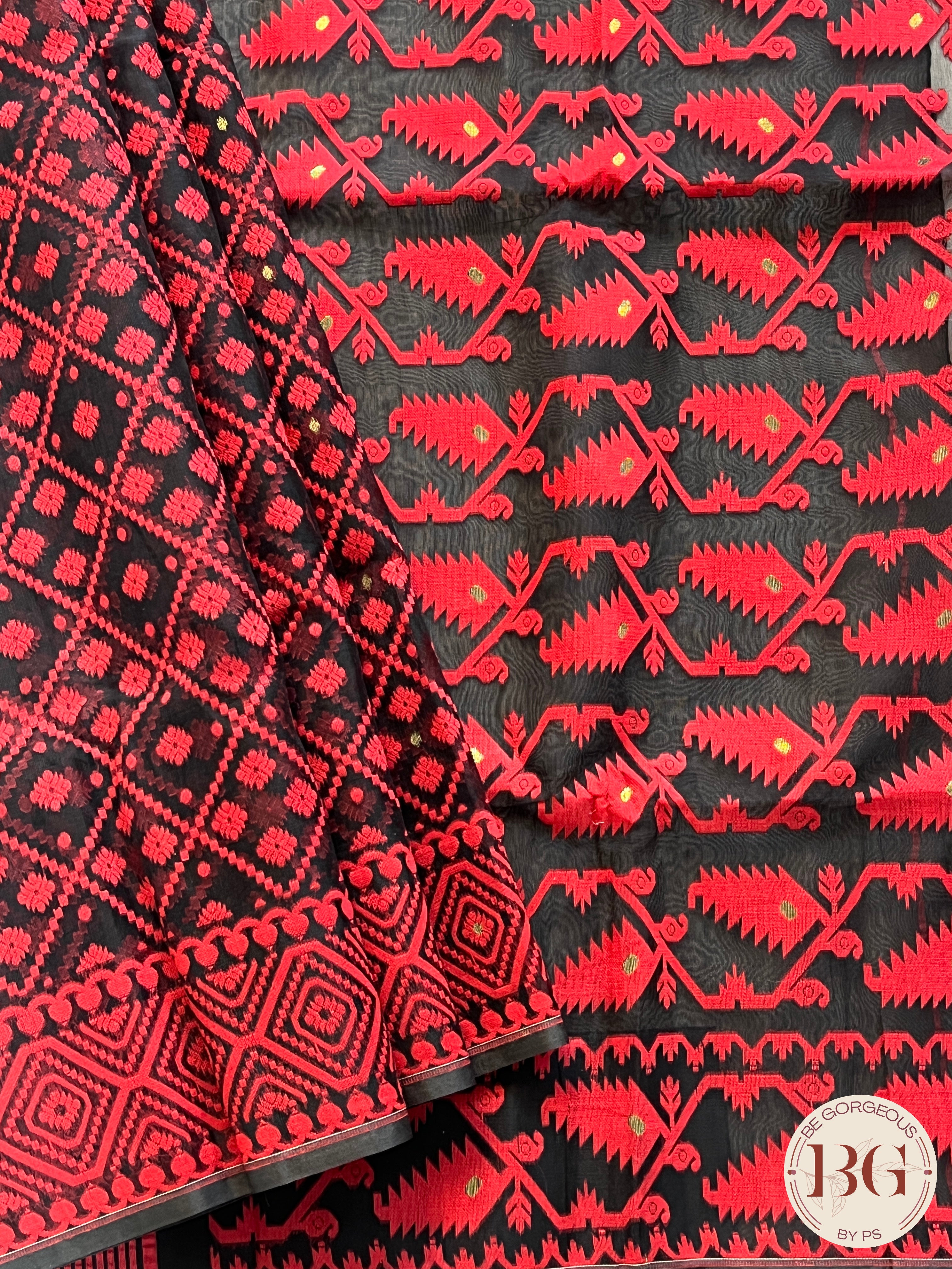 Cotton Jamdani saree color - black red