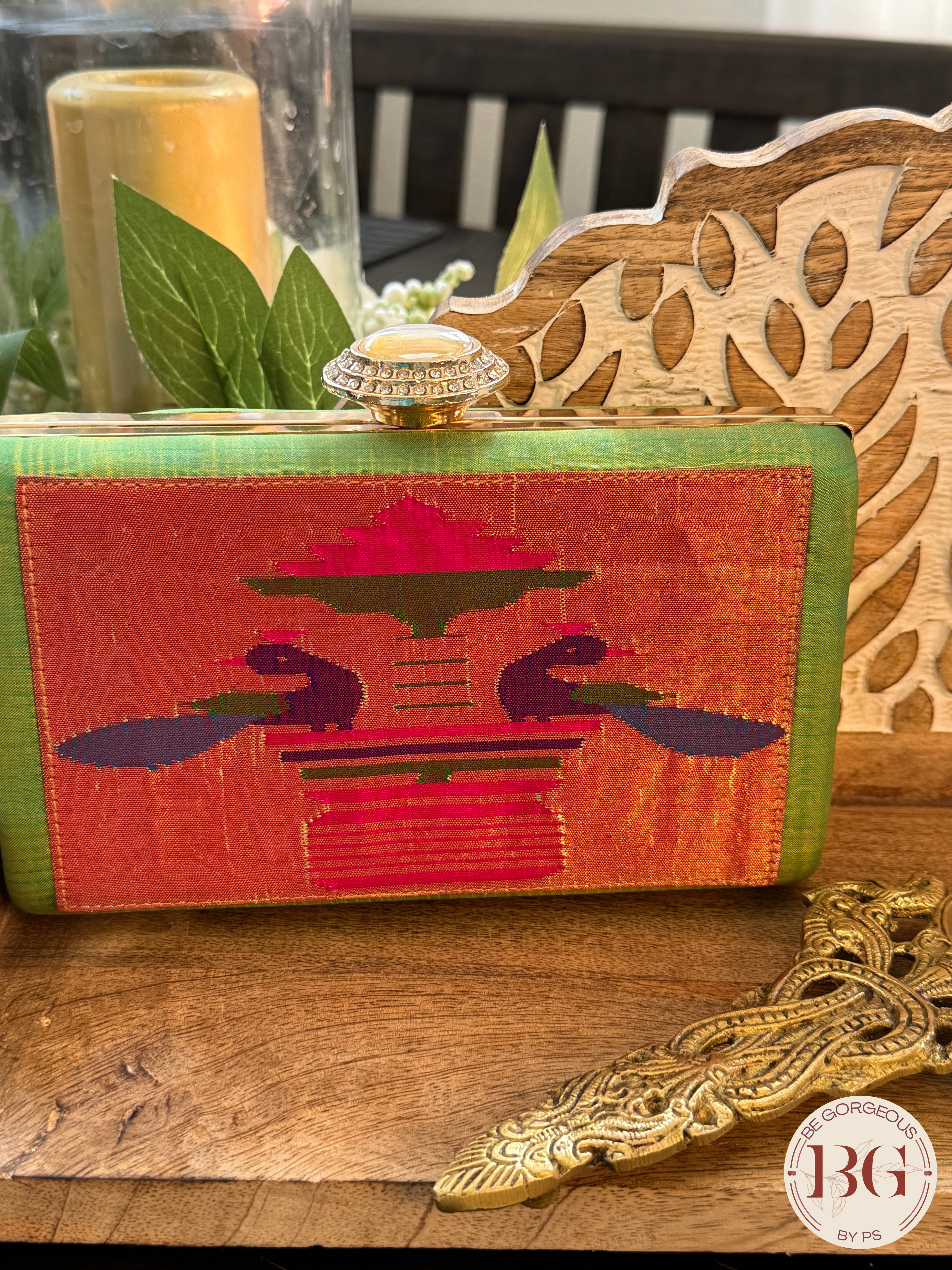 Silk Paithani Purse/Clutch - Lime green